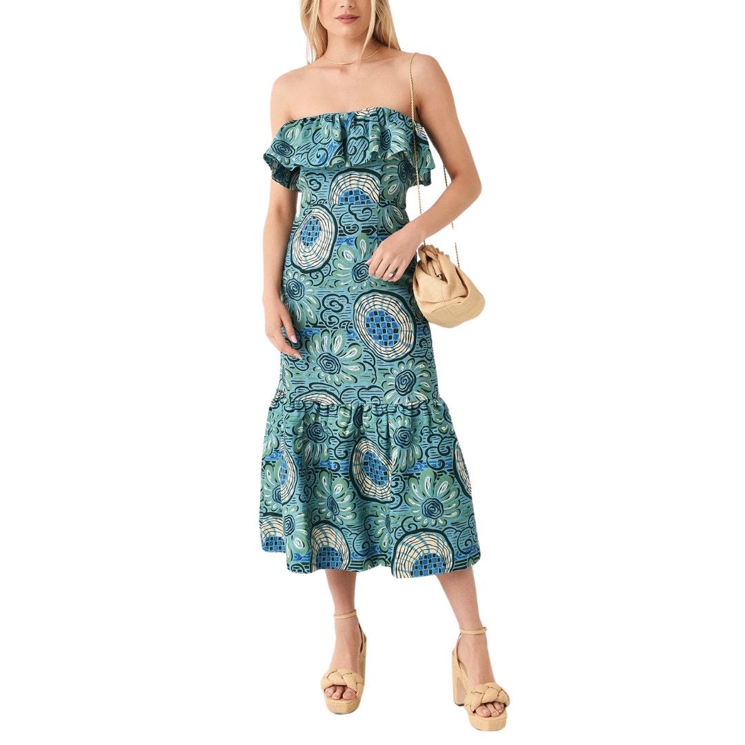 Rhode Thea Strapless Midi Dress New Aquatic Bloom Linen Flounce Hem Floral 6